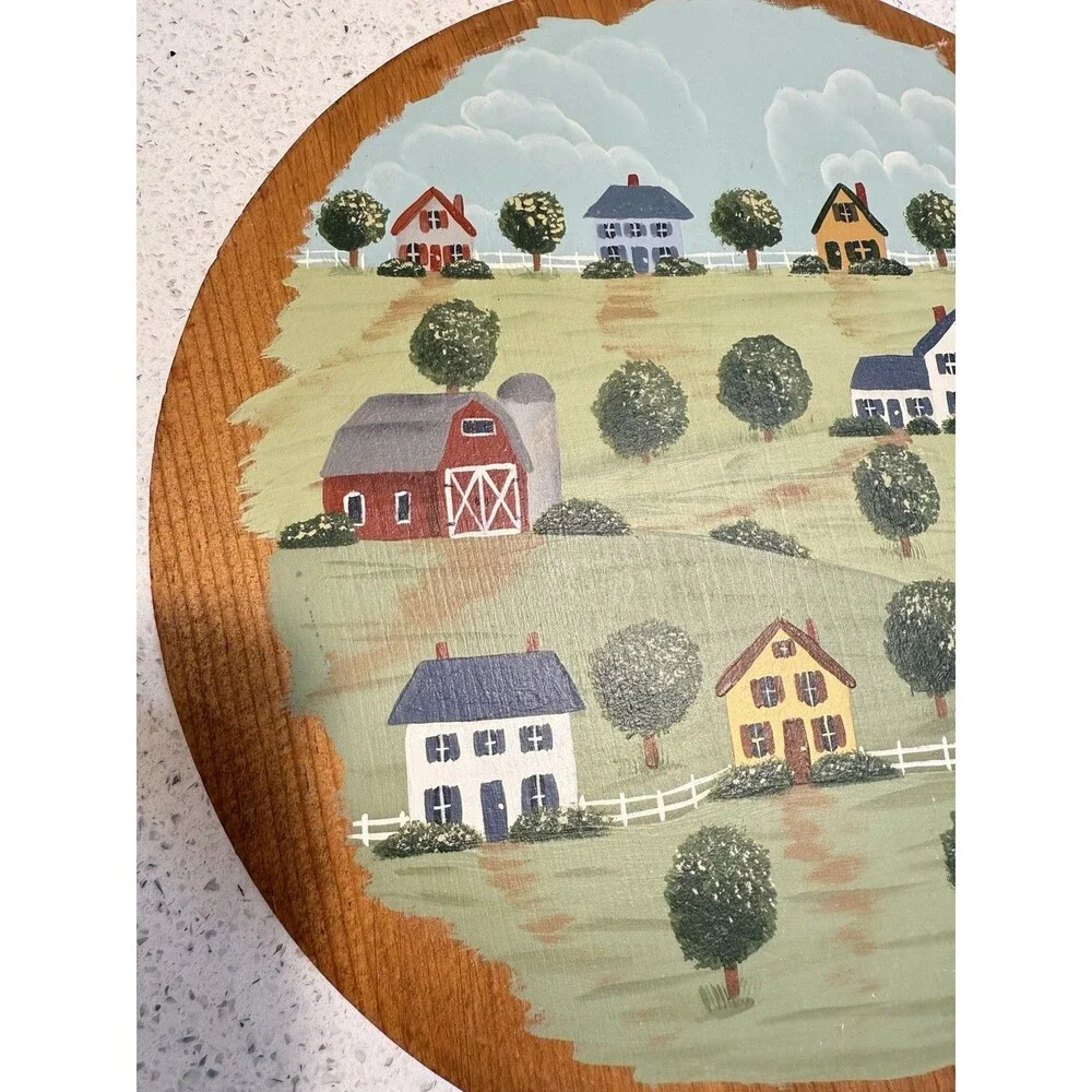 VTG Wood Hand Painted Bread Cutting Board Houses Farmhouse Grammacore Farm